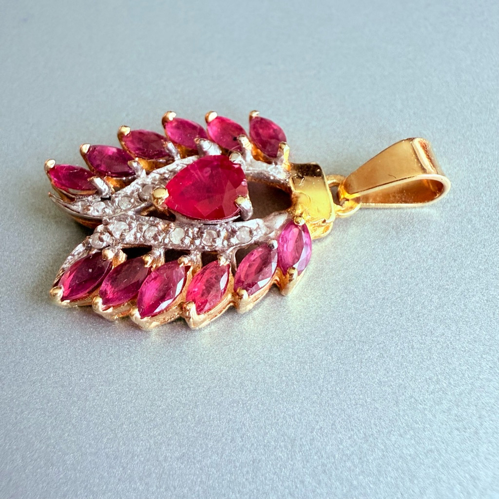 Estate 14K Gold 2.5 TCW Burmese Ruby Diamond Angel Wings Heart 1.25" Pendant - Picture 3 of 6